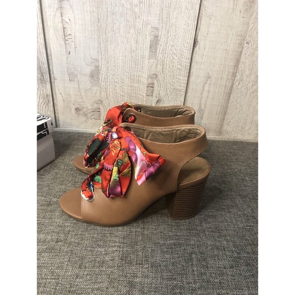 Bamboo Crave Shoes Womens Size 8 Brown Tan Red Floral Ribbon Tie Heels Sandals - Picture 4 of 6